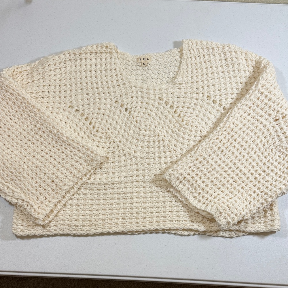 POL Women's V-Neck Cream Knit Sweater